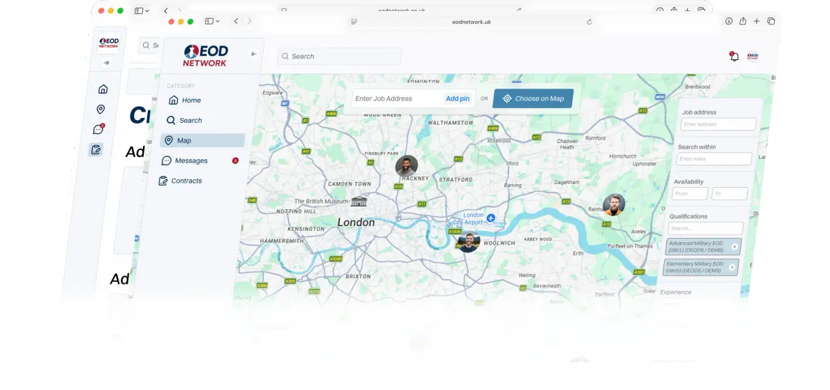 EOD Network platform interface showcasing contractor and subcontractor management
